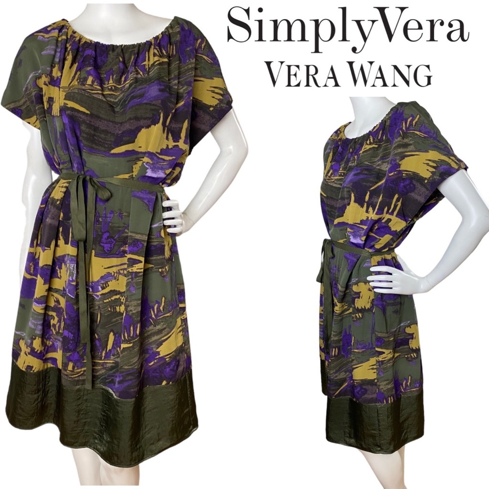 Simply Vera Wang Abstract Multi-color Mini Shift Dress Belted Short Sleeve Large